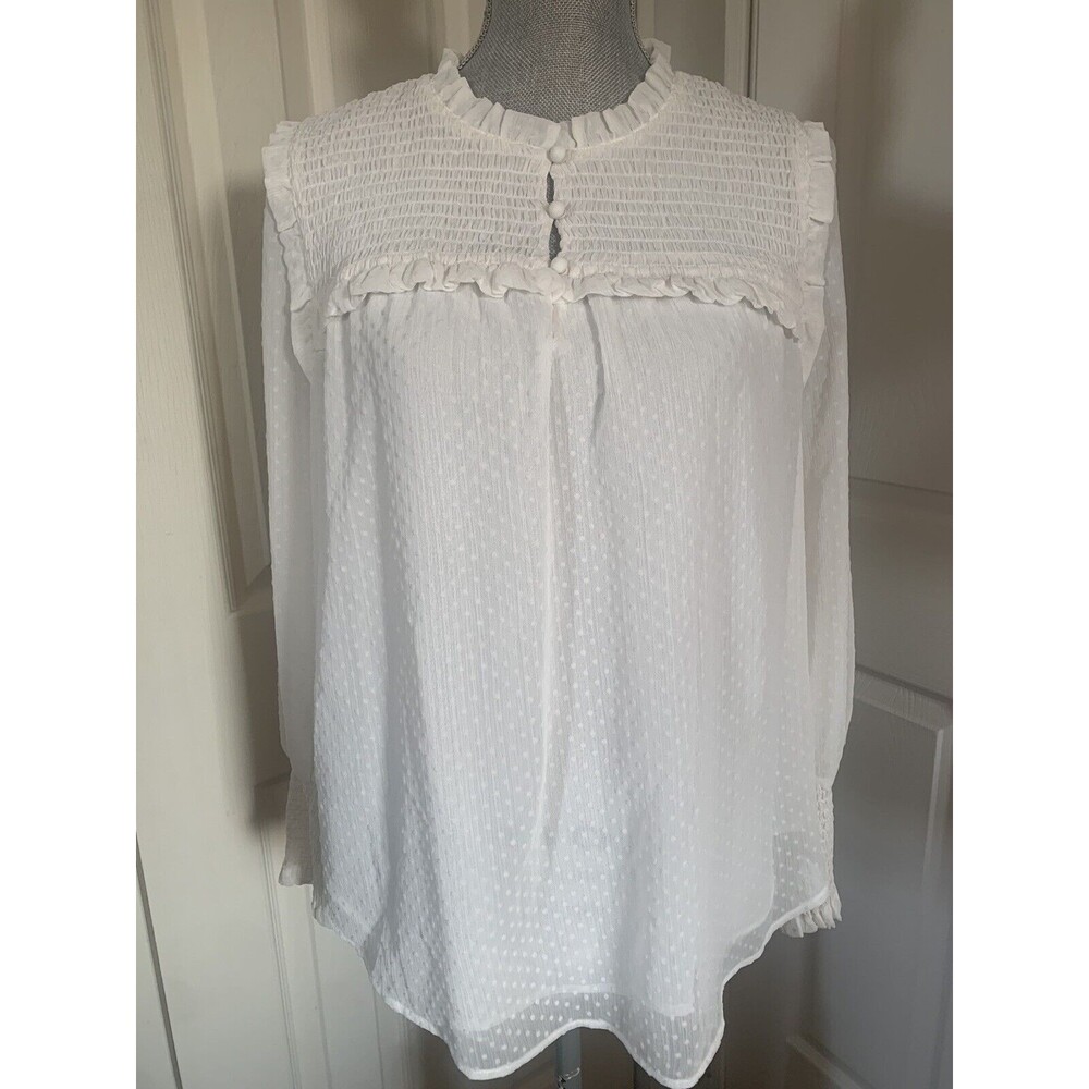 LOFT Cream Clip Dot  Textured Sheer Long Sleeve Blouse Size Med Ruching